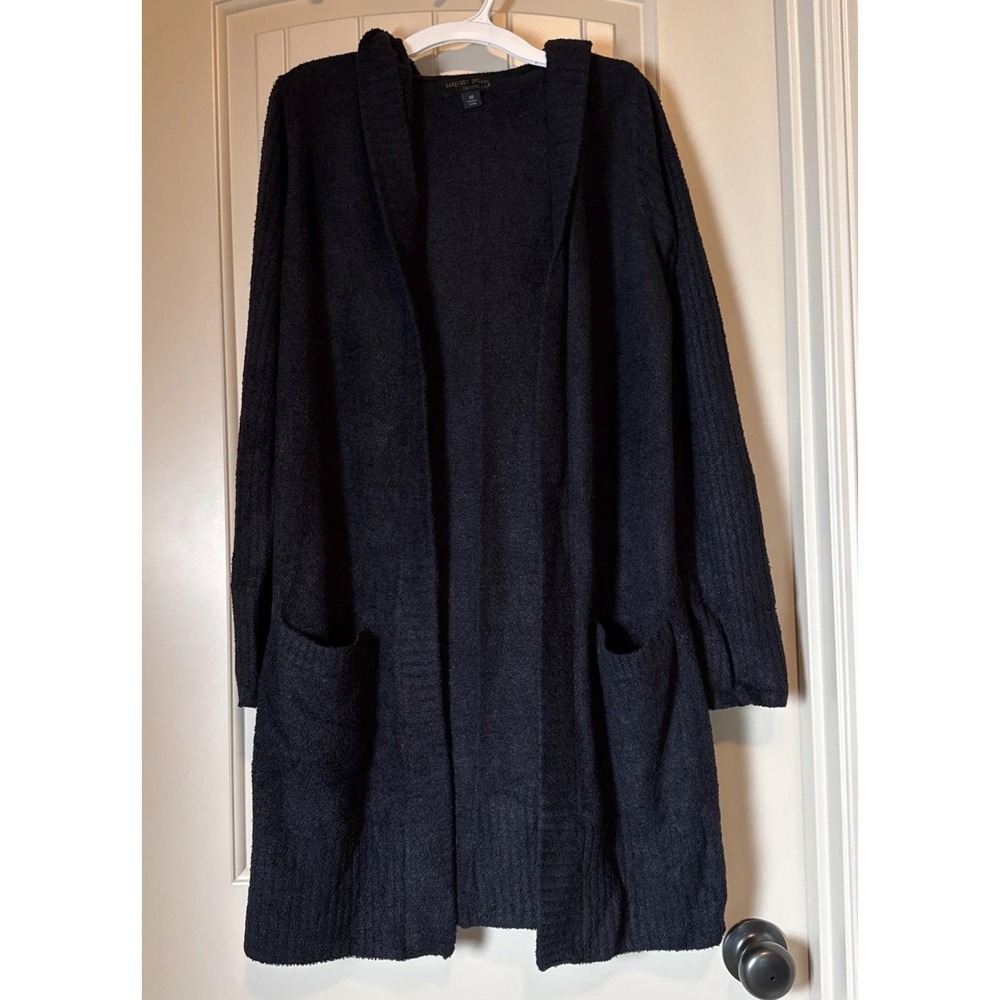Barefoot Dreams CozyChic Lite Relax Hooded Cardigan Duster Black XS Lounge EUC